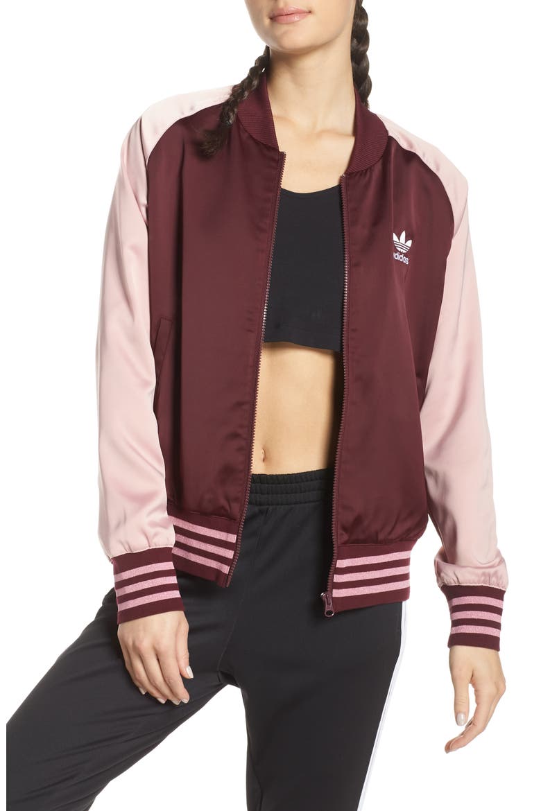 Two-Tone Satin Bomber Track Jacket, Main, color, MAROON/ PINK SPIRIT