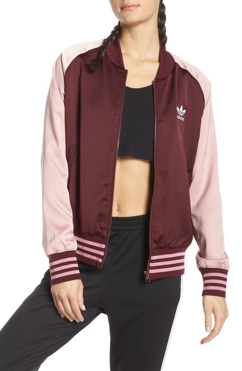adidas Originals Two-Tone Satin Bomber Track Jacket, Main, color, 