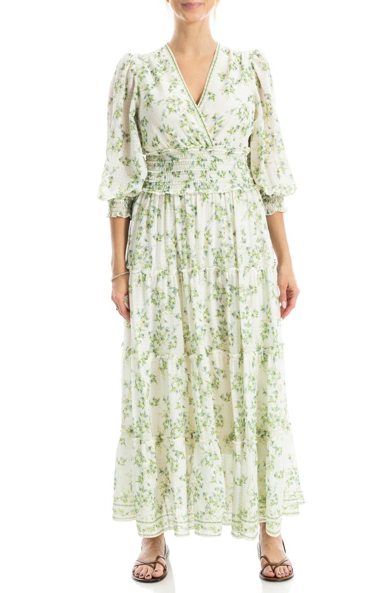 MAX STUDIO Surplice Neck Smocked Waist Maxi Dress, Main, color, Cream/ Green Whirling Foliages