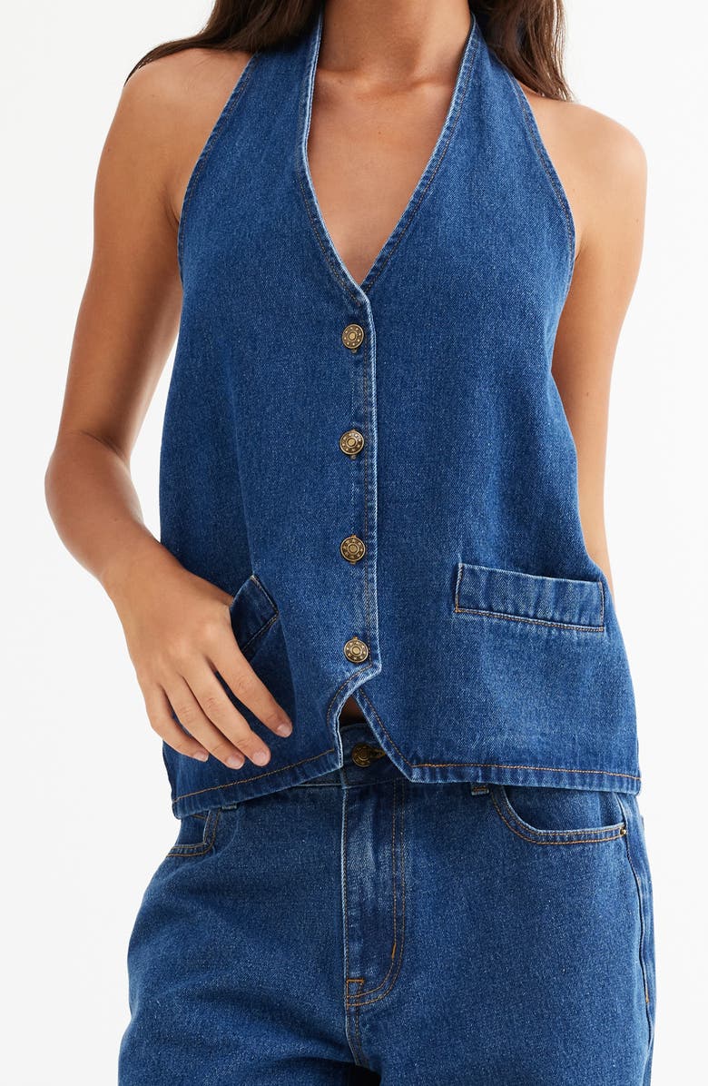 LIONESS Hill Denim Halter Top, Alternate, color, Dark Denim