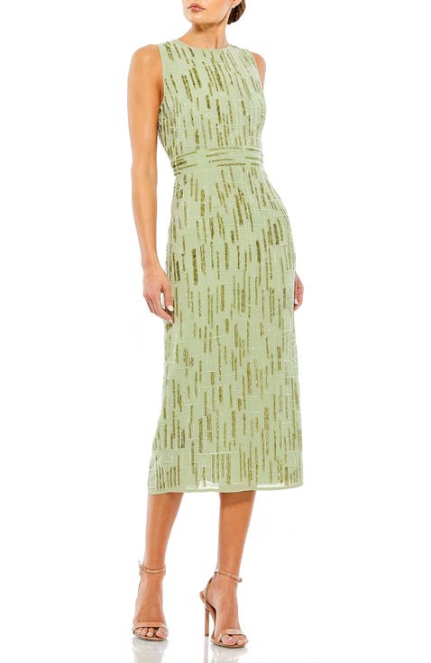 Abstract Beaded Sleeveless Midi Sheath Dress