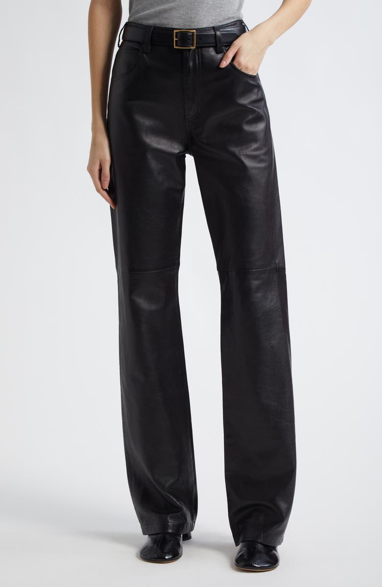 Nili Lotan Joan Straight Leg Leather Pants, Main, color, Black