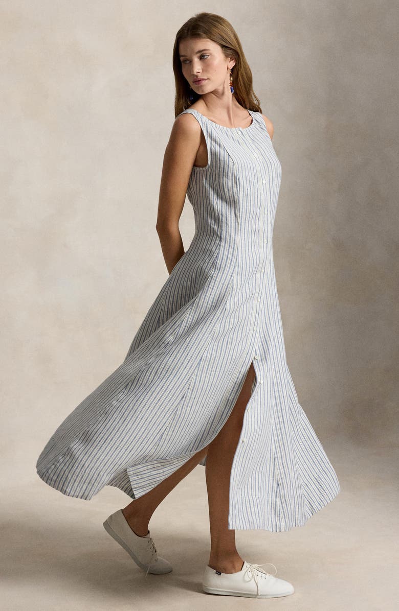 Polo Ralph Lauren Stripe Panel Linen Dress, Alternate, color, Navy-Light Blue Multi