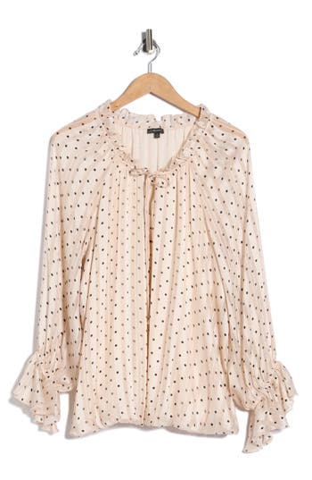 Adrianna Papell Polka Dot Tie Keyhole Long Sleeve Top In Pink