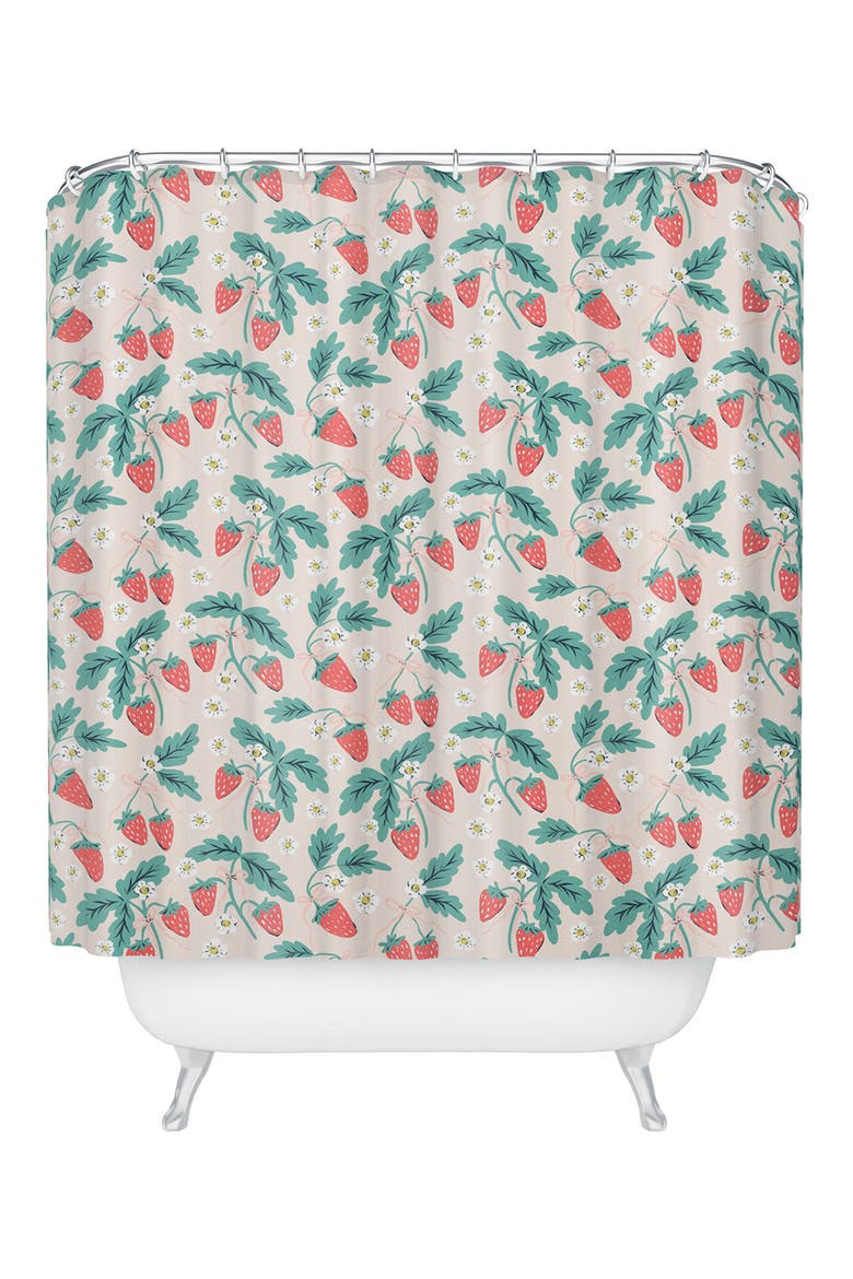 Strawberry & Flower Print Shower Curtain, Main, color, GREEN
