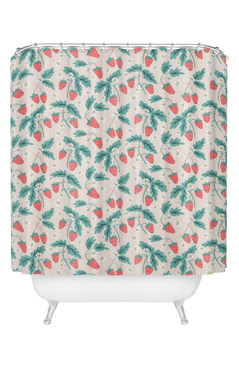 Deny Designs Strawberry & Flower Print Shower Curtain, Main, color, Green