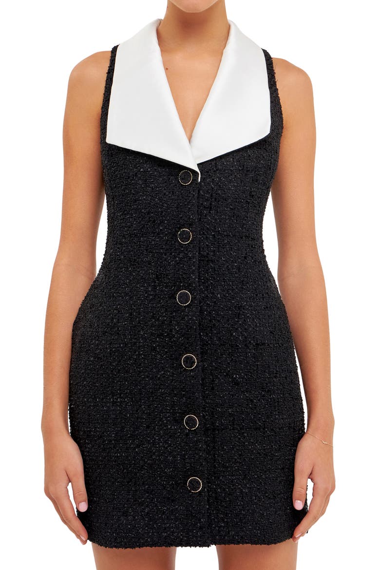 Contrast Collar Tweed Dress, Alternate, color, BLACK