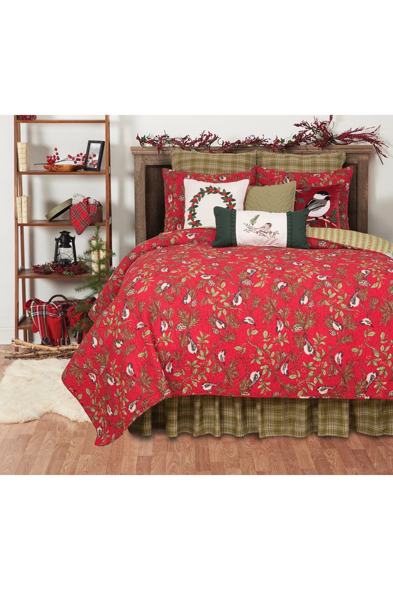 Chickadee Red Cotton Quilt Set  - Reversible and Machine Washable, Main, color, Red