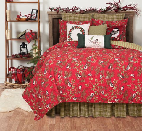 Chickadee Red Cotton Quilt Set  - Reversible and Machine Washable