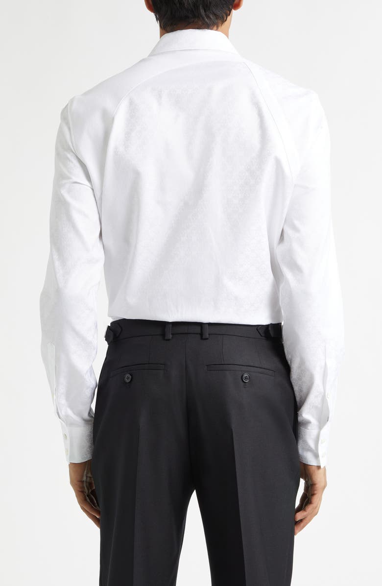 McQueen Harness Strap Skull Print Cotton Poplin & Piqué Button-Up Shirt, Alternate, color, White