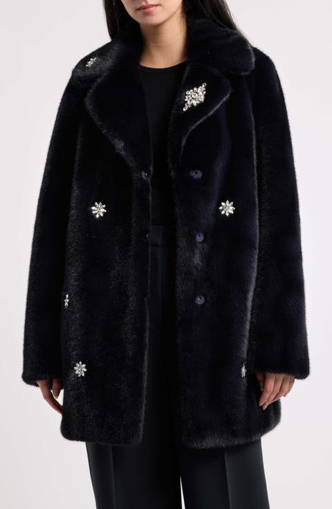 Elsa Faux Fur Coat with Jeweled Embellishments