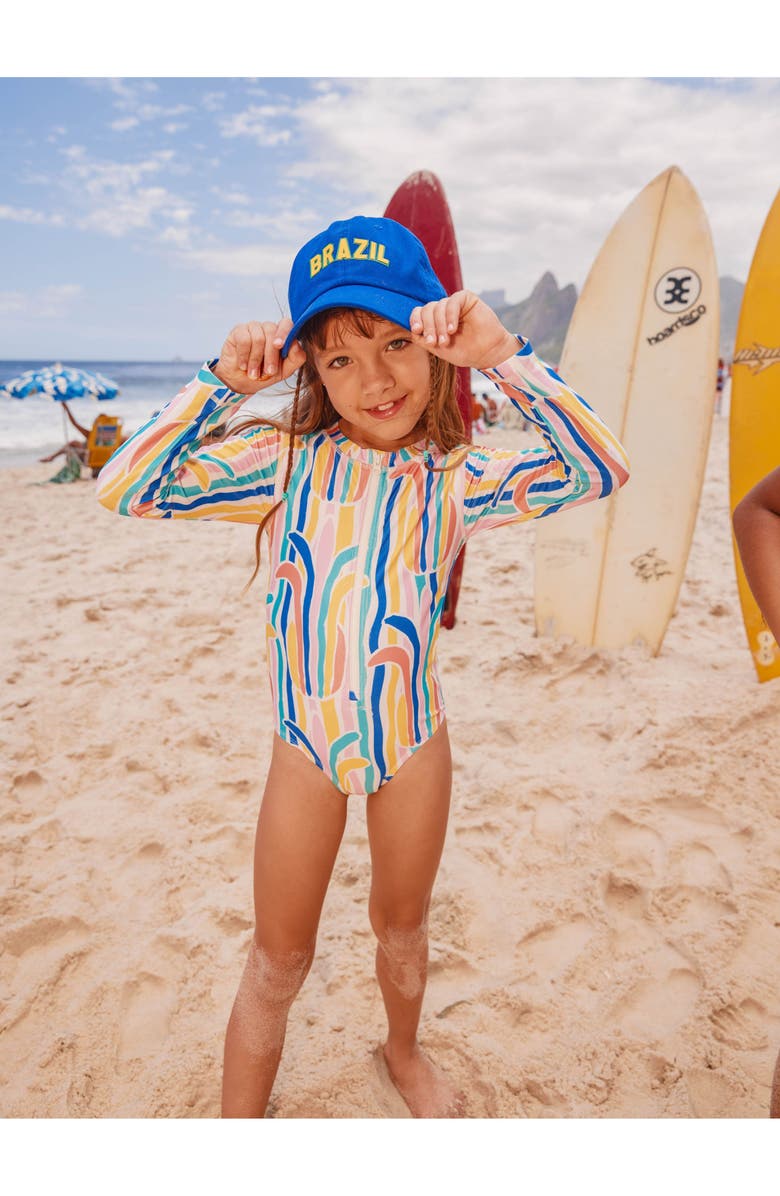 Tea Collection Long Sleeve One-Piece Swimsuit, Alternate, color, Rainbow Pineapple Stripe