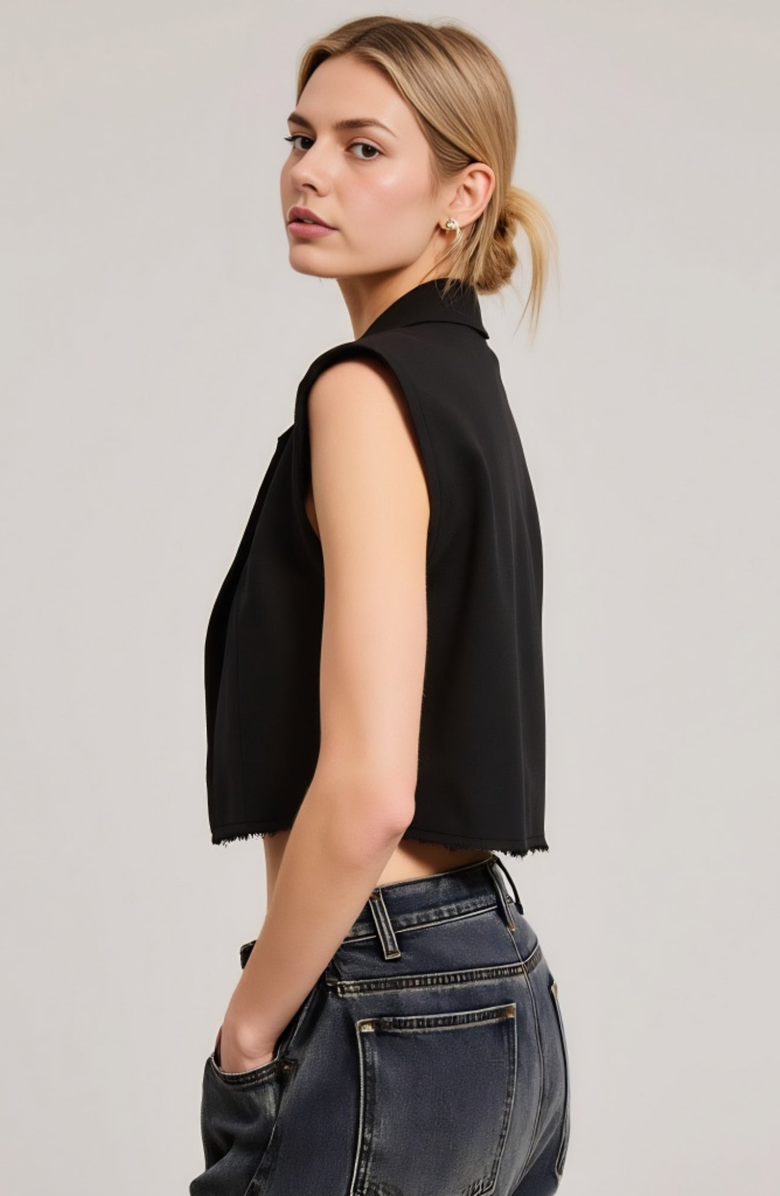 Modenaire Sleeveless Cropped Tailored Collar Raw Edge Hem Blazer Vest, Alternate, color, Black