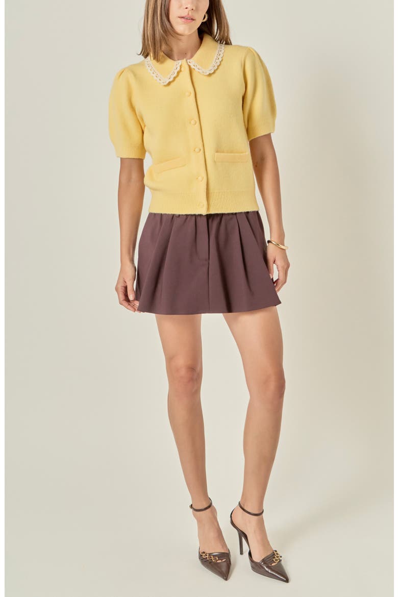 Lace Trim Puff Sleeve Cardigan, Alternate, color, BUTTER YELLOW