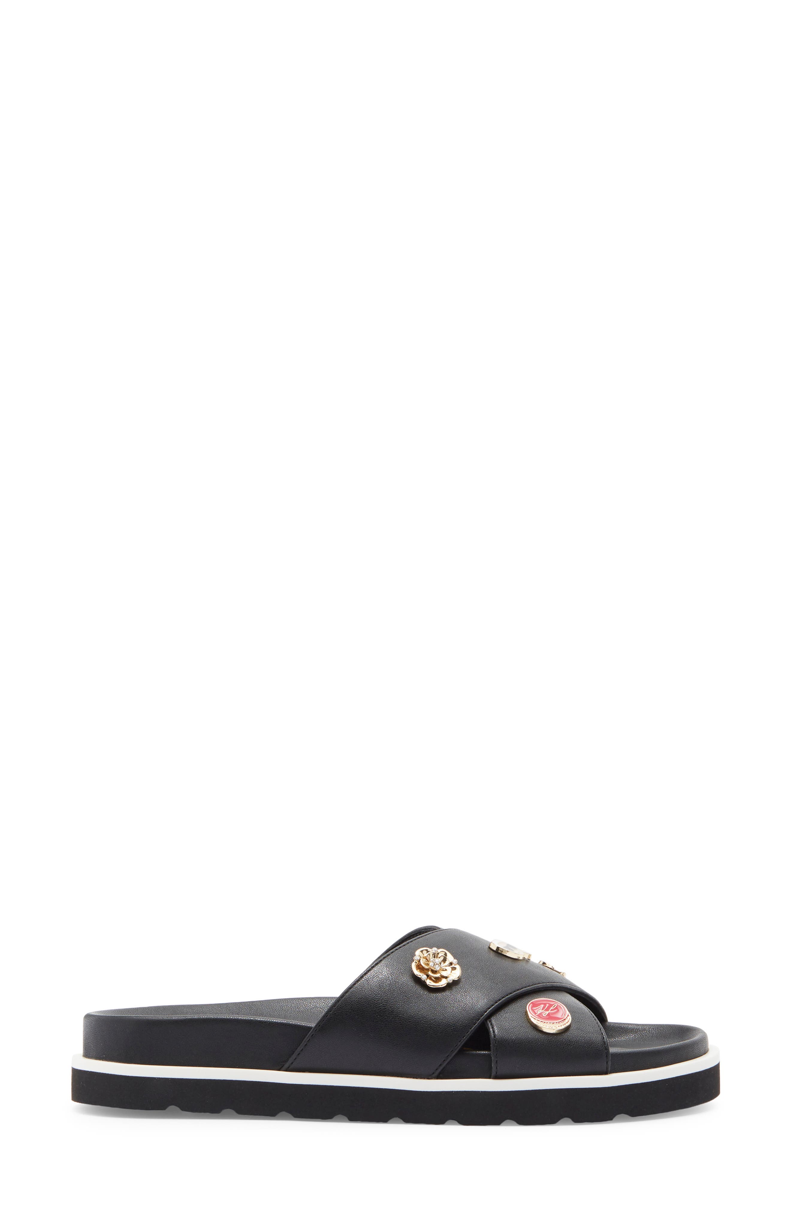 KARL LAGERFELD PARIS Embellished Crossover Strap Sandal, Alternate, color, Black