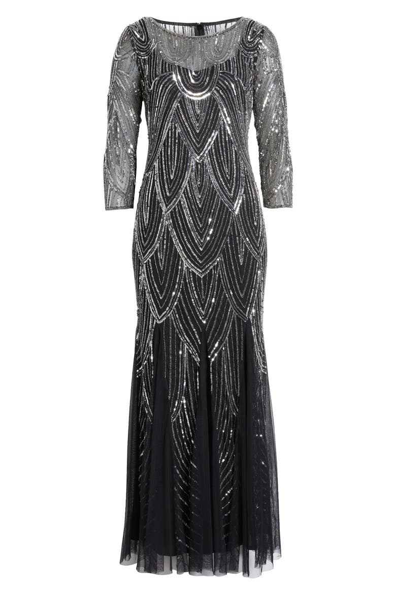 Beaded Illusion Neck Gown, Alternate, color, BLACK/ SILVER