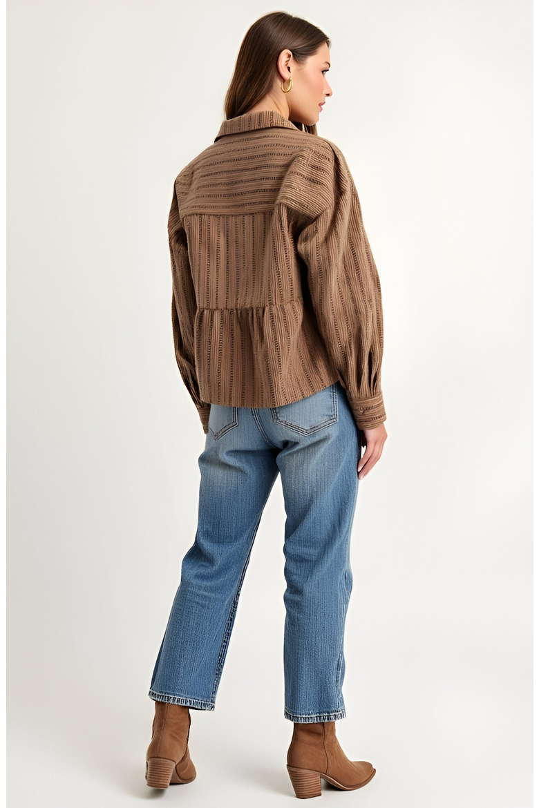 Striped Button-Front Shirt Jacket with Peplum Hem and Chest Pockets, Alternate, color, Striped