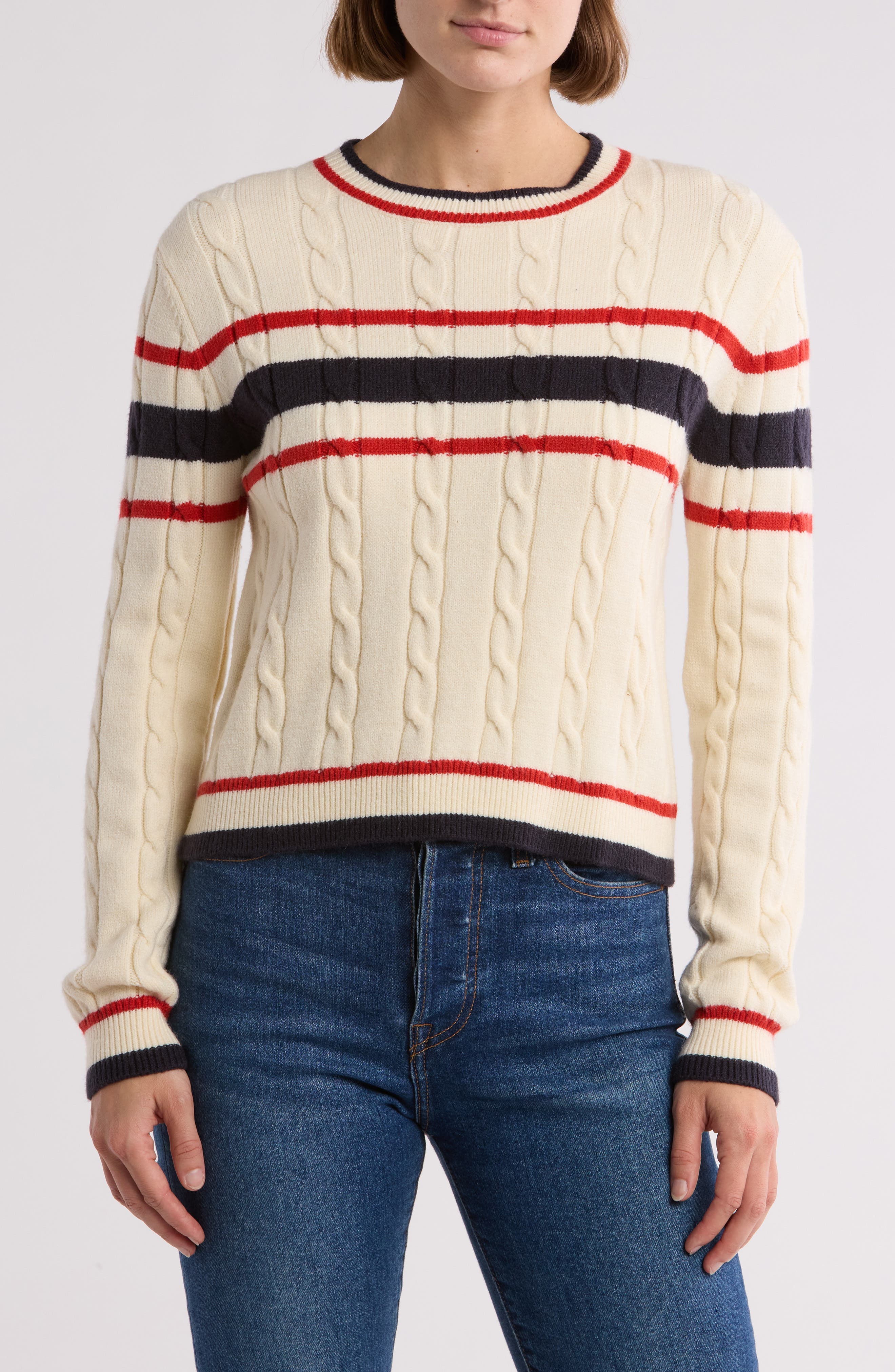 Vigoss Cable Prep Stripe Crewneck Sweater (Women) | Nordstromrack
