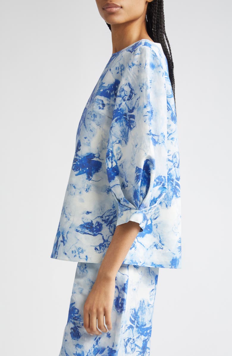 Lafayette 148 New York Floral Balloon Sleeve Silk & Linen Blouse, Alternate, color, Blue Oasis Multi