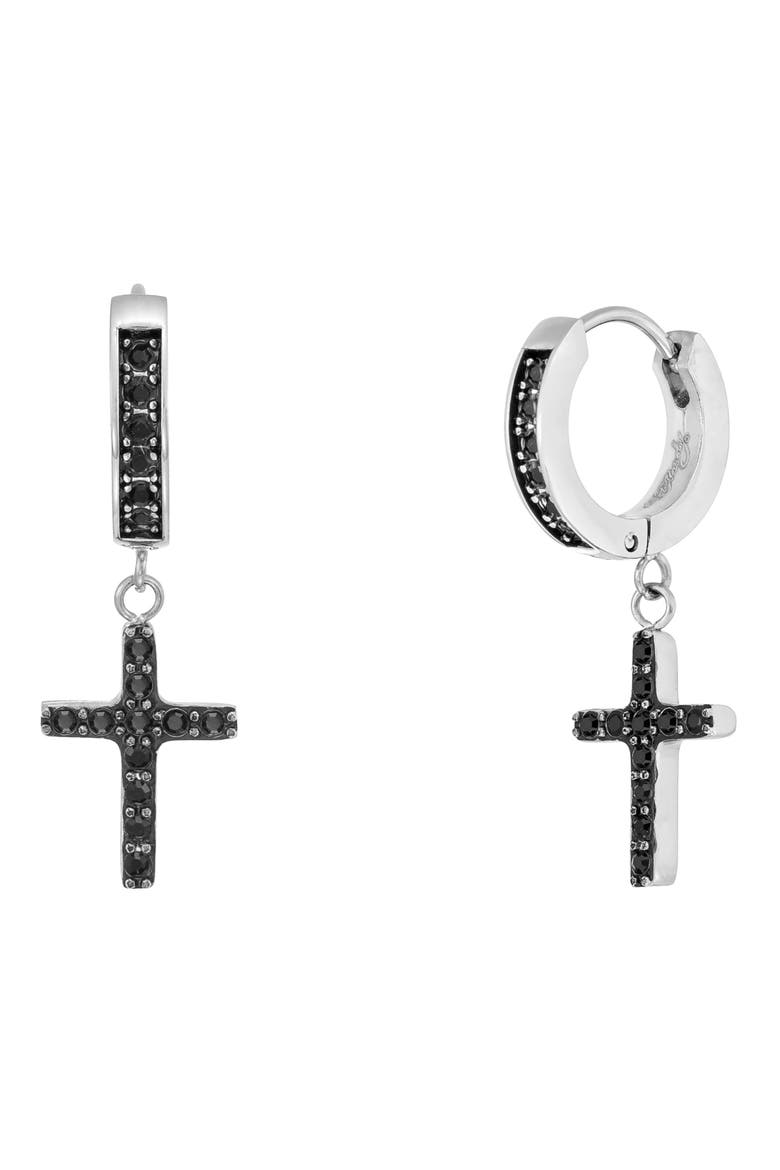 Men's Cross Hoop Earrings, Alternate, color, SILVER
