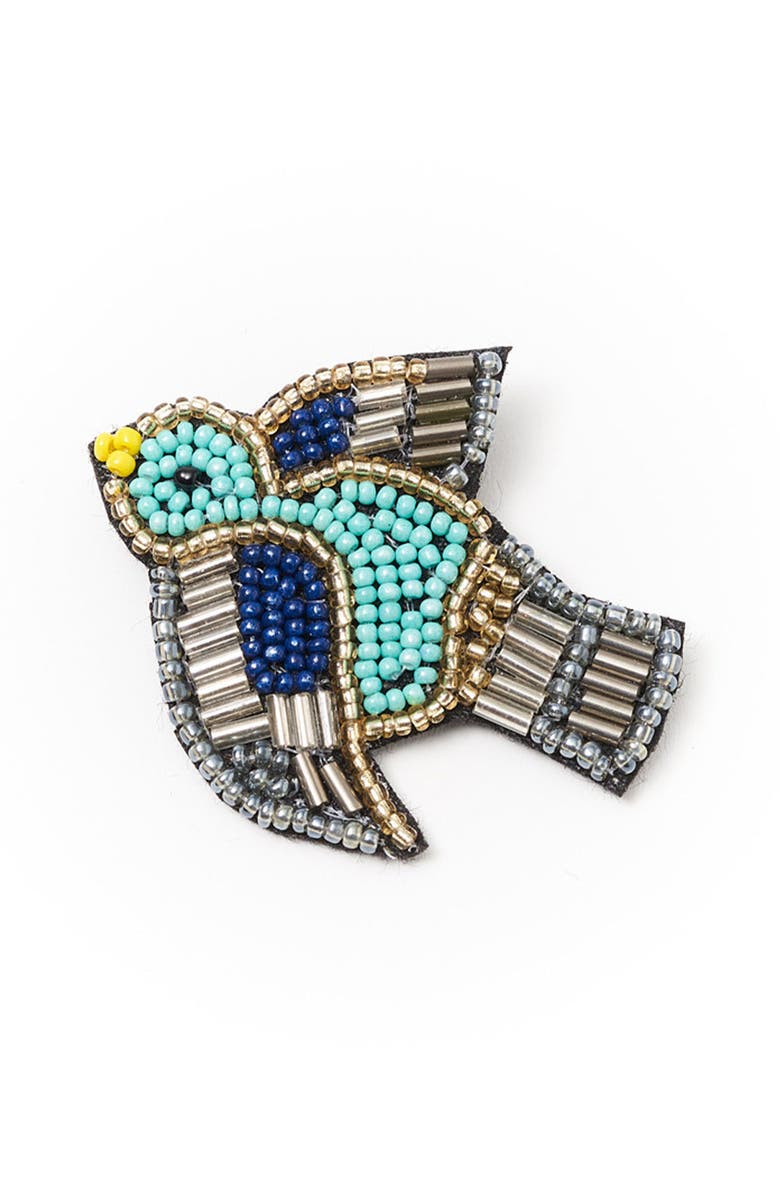 Matr Boomie Bala Mani Beaded Bird Brooch Pin, Main, color, Metallic Gold