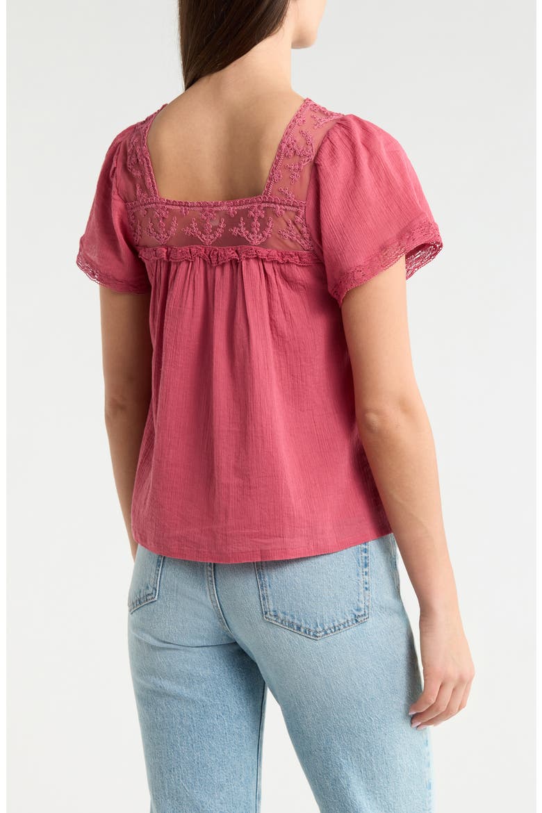 Lace Mesh Detail Square Neck Cotton Top, Alternate, color, ROSE WINE