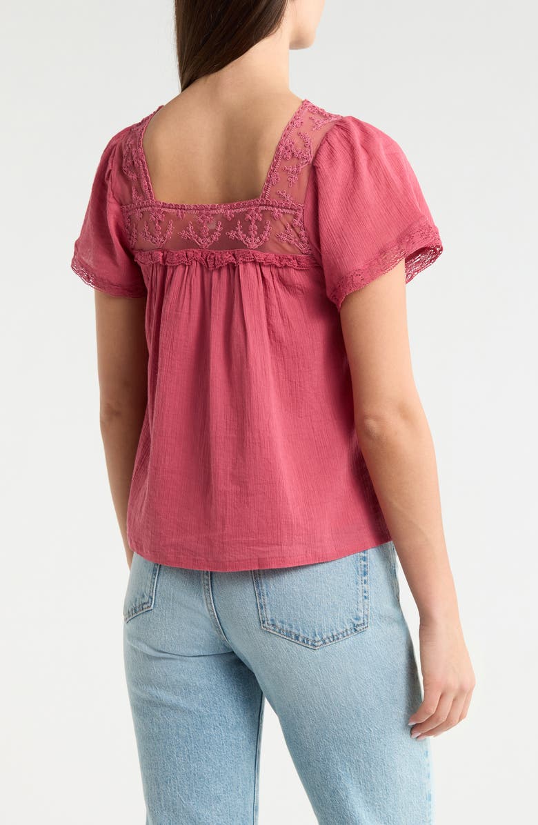 Lucky Brand Lace Mesh Detail Square Neck Cotton Top, Alternate, color, Rose Wine