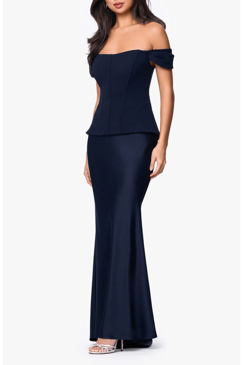 Off the Shoulder Mixed Media Gown, Alternate, color, NAVY