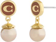COACH Enamel C Coin Faux Pearl Drop Earrings
