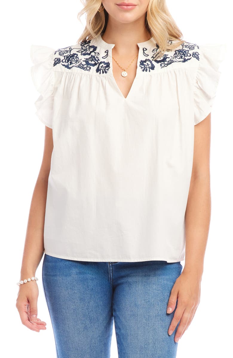 Karen Kane Embroidered Ruffle Sleeve Top, Main, color, Off White/ Navy