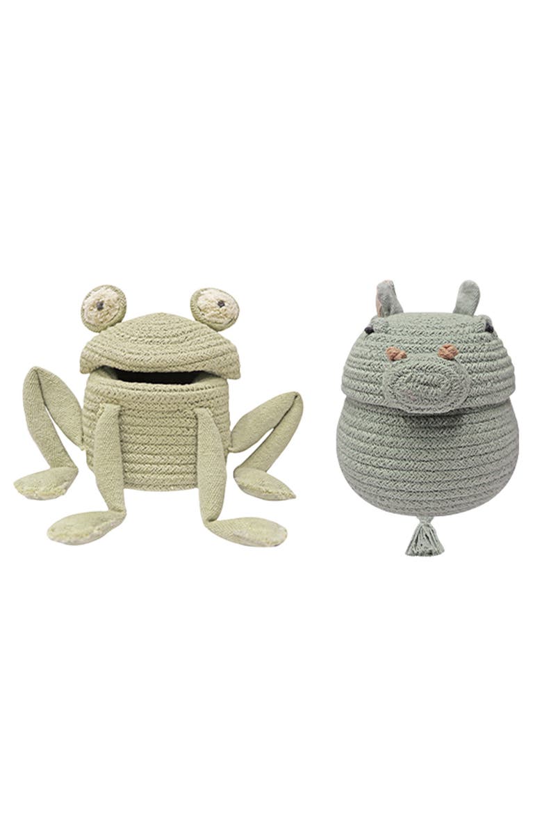 Lorena Canals Set of 2 Frog & Pig Lidded Baskets, Main, color, Green