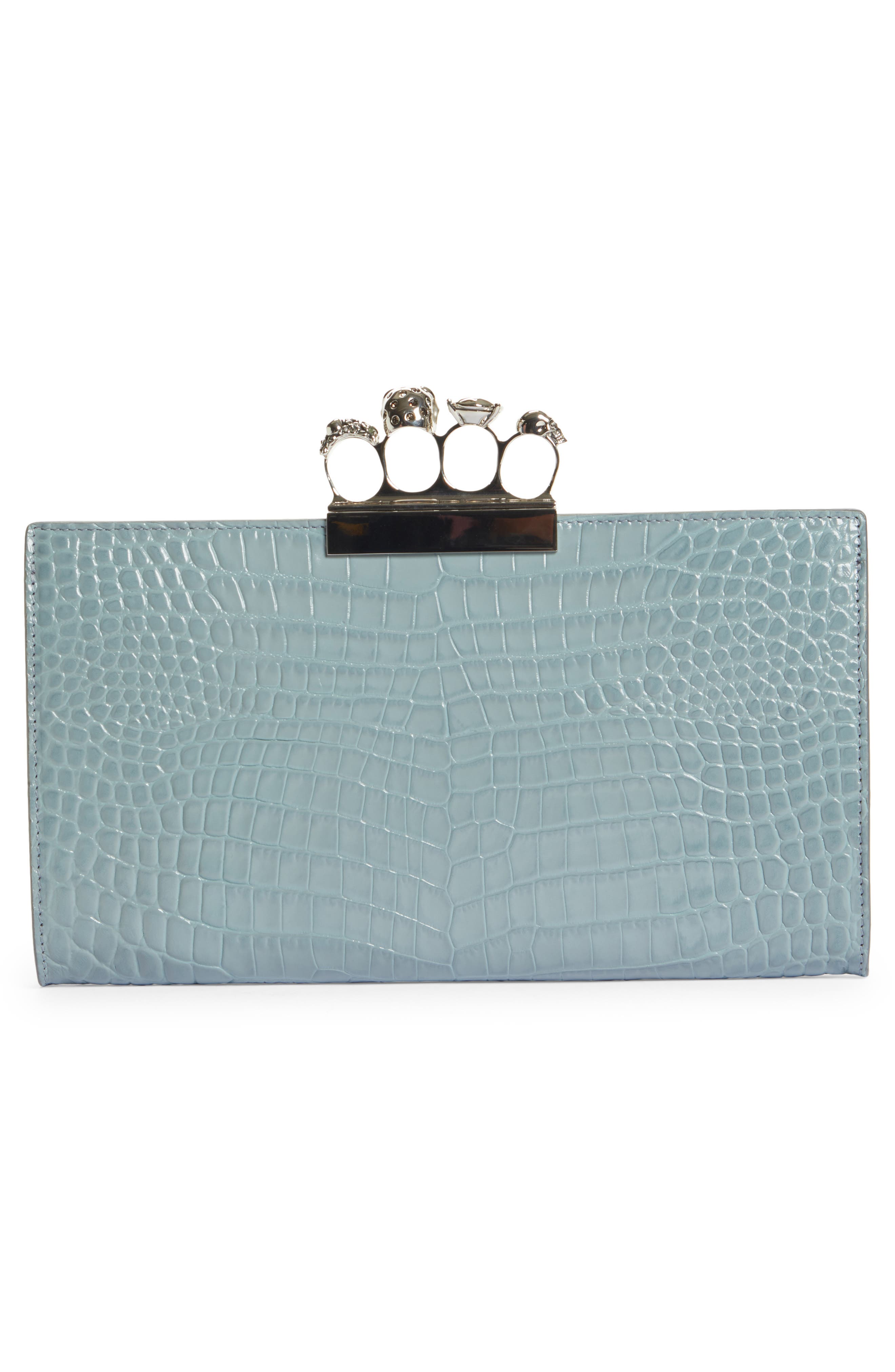 McQueen Alexander McQueen Four Ring Skull Croc Embossed Leather Clutch, Alternate, color, 