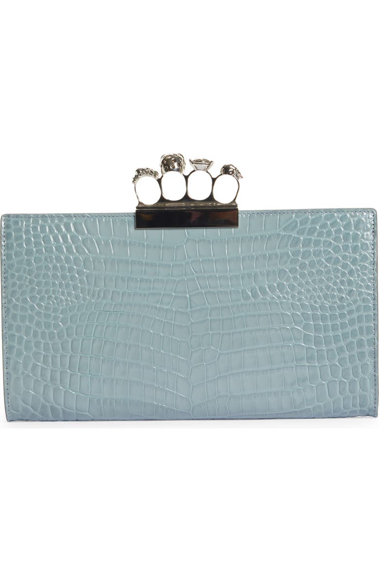 McQueen Alexander McQueen Four Ring Skull Croc Embossed Leather Clutch, Alternate, color,