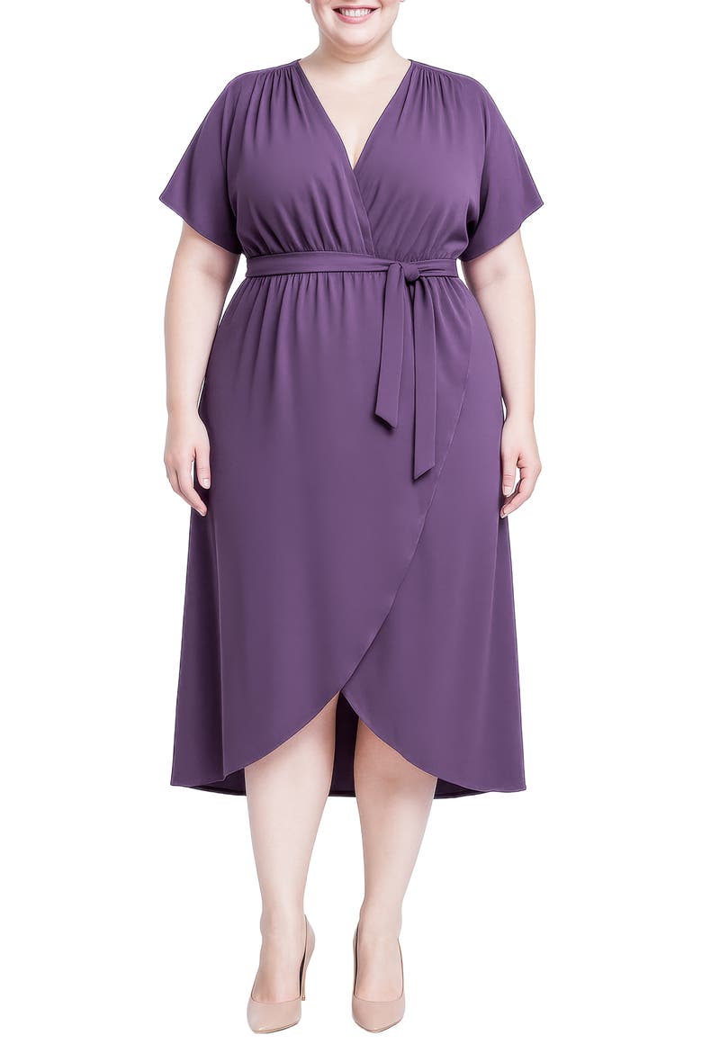 Tie Front Faux Wrap Midi Dress, Alternate, color, PURPLE