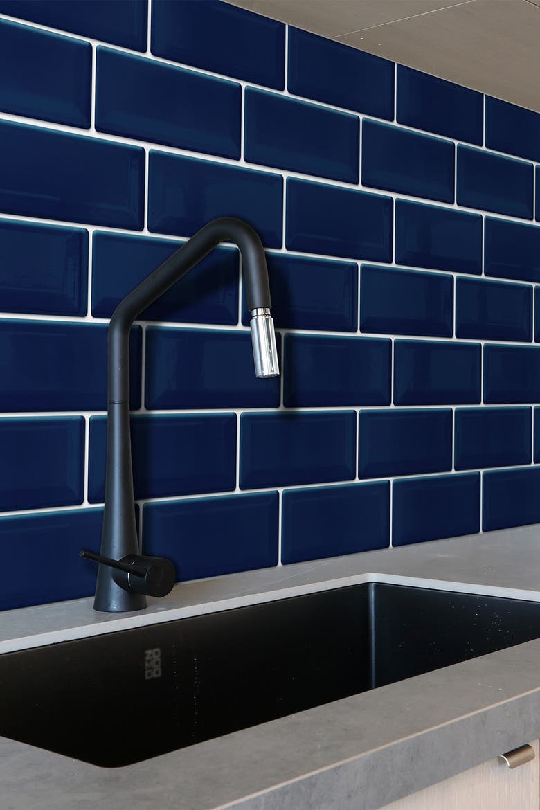 Deep Blue Glossy 3D Metro Sticker Tiles Contemporary Wall Splashbacks Mosaics, Alternate, color, BLUE