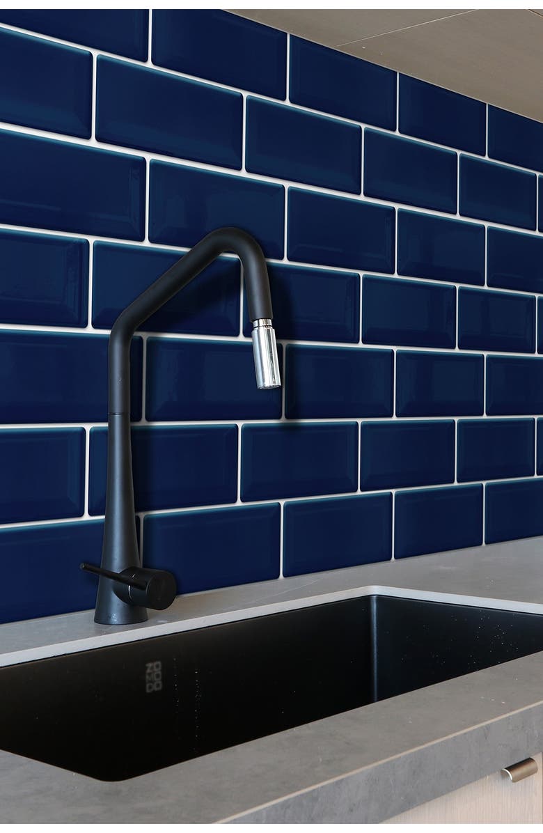 WALPLUS Deep Blue Glossy 3D Metro Sticker Tiles Contemporary Wall Splashbacks Mosaics, Alternate, color, 