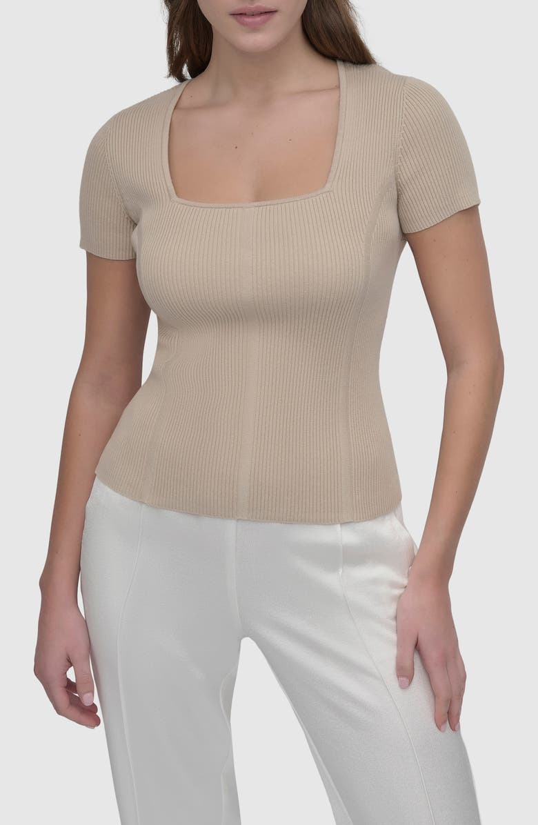 DKNY Square Neck Short Sleeve Cotton Blend Sweater, Main, color, Pebble