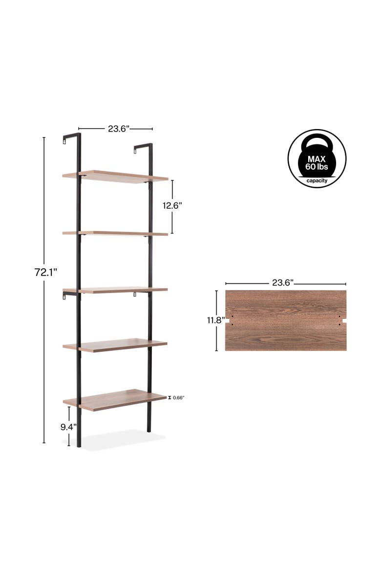 Madera Classic Industrial Shelf Wood Wall-Mounted Open Ladder Bookcase with Metal Frame, Alternate, color, Brown/Black