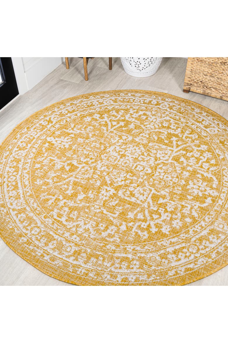 Malta Bohemian Medallion Textured Weave Indoor/Outdoor Round Area Rug, Main, color, Yellow/Cream