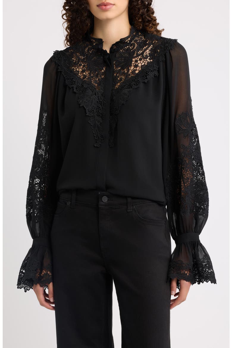 West Lace Detailed Balloon Sleeve Shirt, Main, color, BLACK