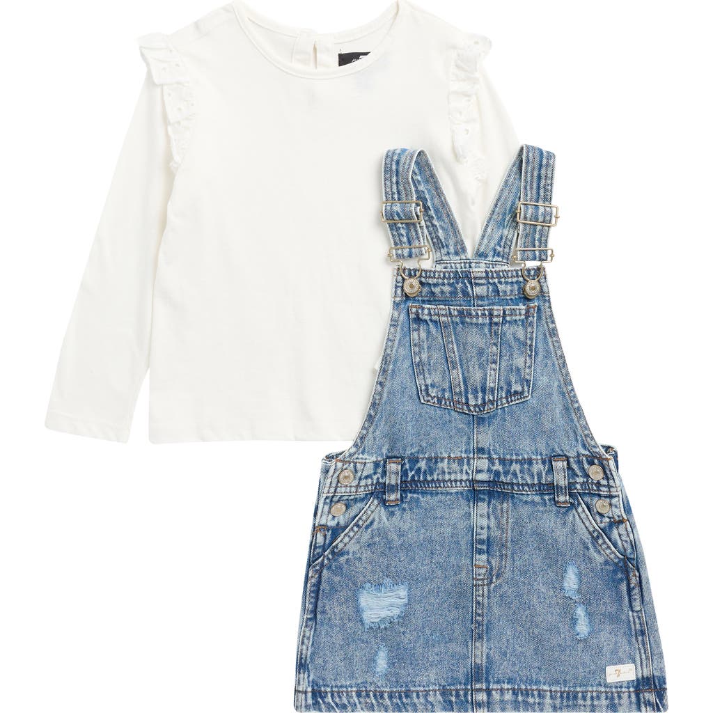 7 For All Mankind Kids' Ruffle Trim Long Sleeve Top & Denim Jumper Dress Set In White