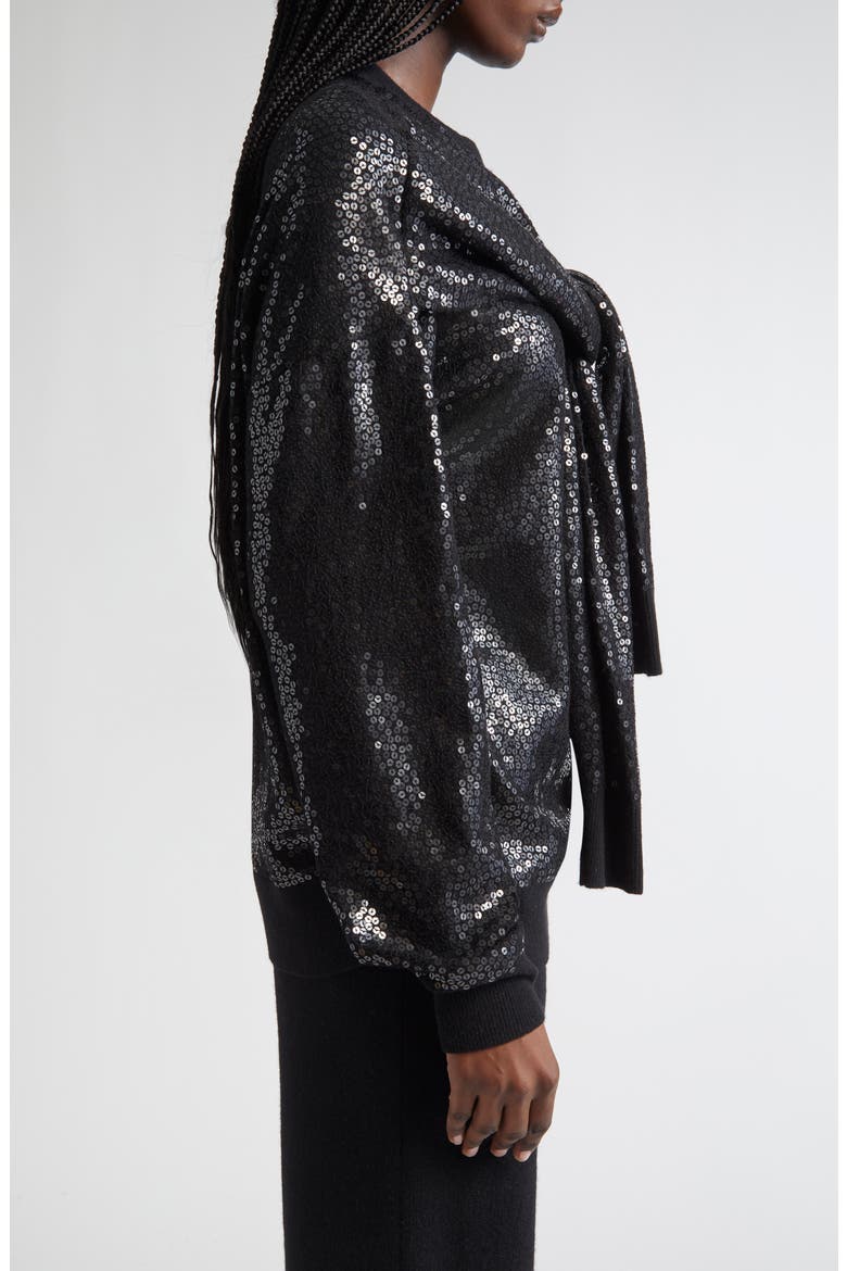 Sequin Embellished Scarf Tie Cashmere Crewneck Sweater, Alternate, color, BLACK