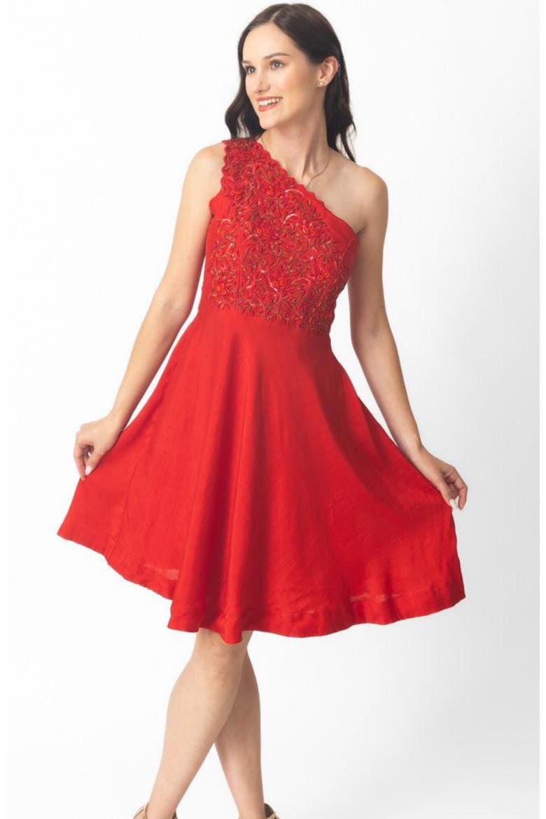 Aerin Raw Silk One-Shoulder Short Dress, Alternate, color, Red