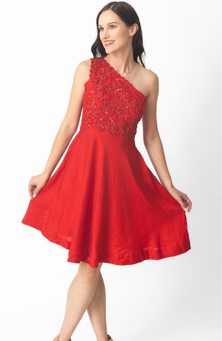 RAAS Aerin Raw Silk One-Shoulder Short Dress, Alternate, color, Red