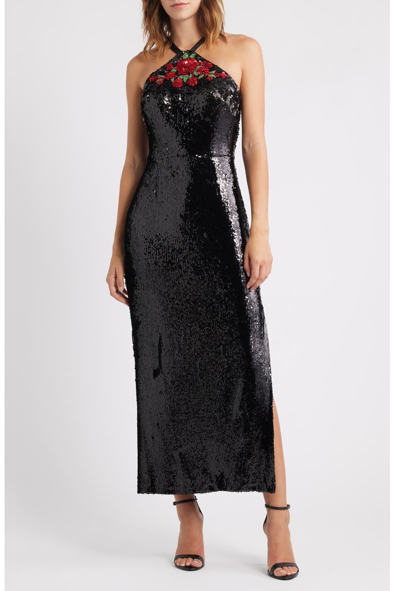 Sequin Halter Gown, Main, color, BLACK