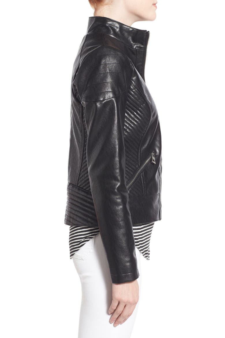 Quilt Detail Faux Leather Stand Collar Jacket, Alternate, color, BLACK