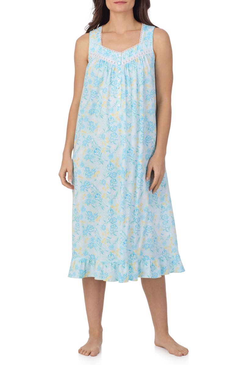 Eileen West Sleeveless Cotton Ballet Nightgown, Main, color, Aqua Floral