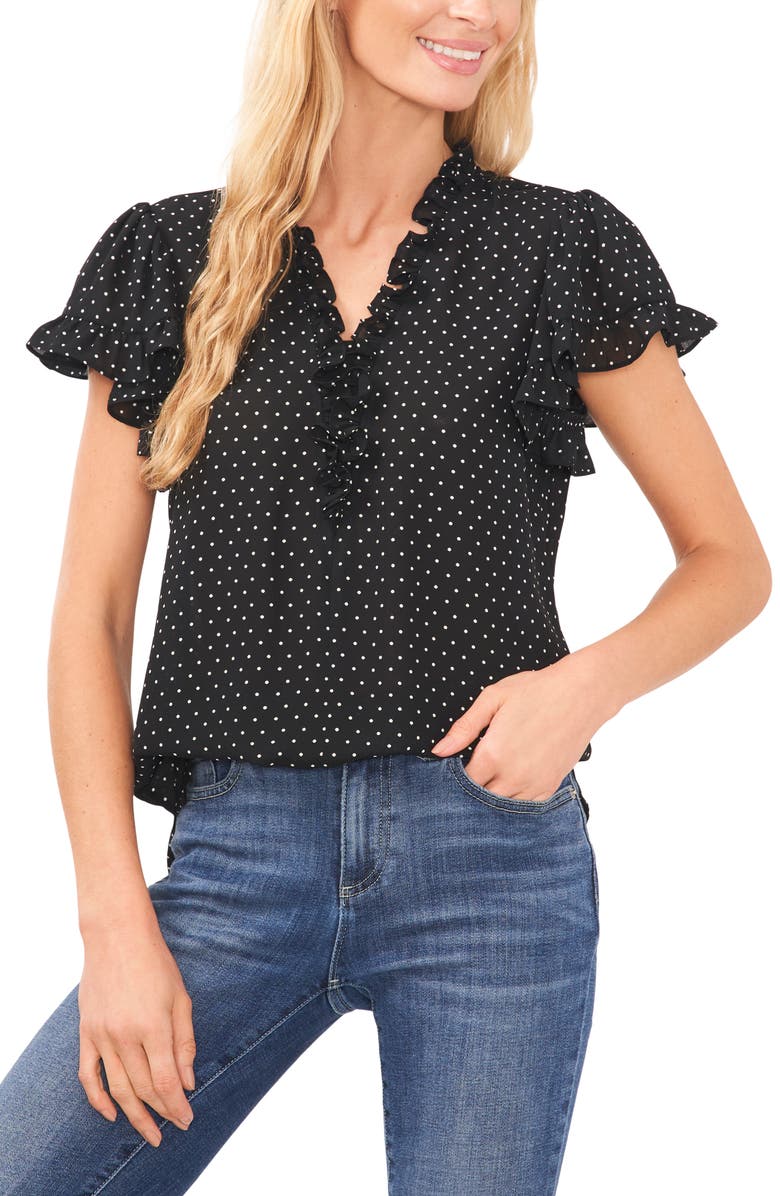 CeCe Polka Dot Ruffle V-Neck Blouse, Main, color,