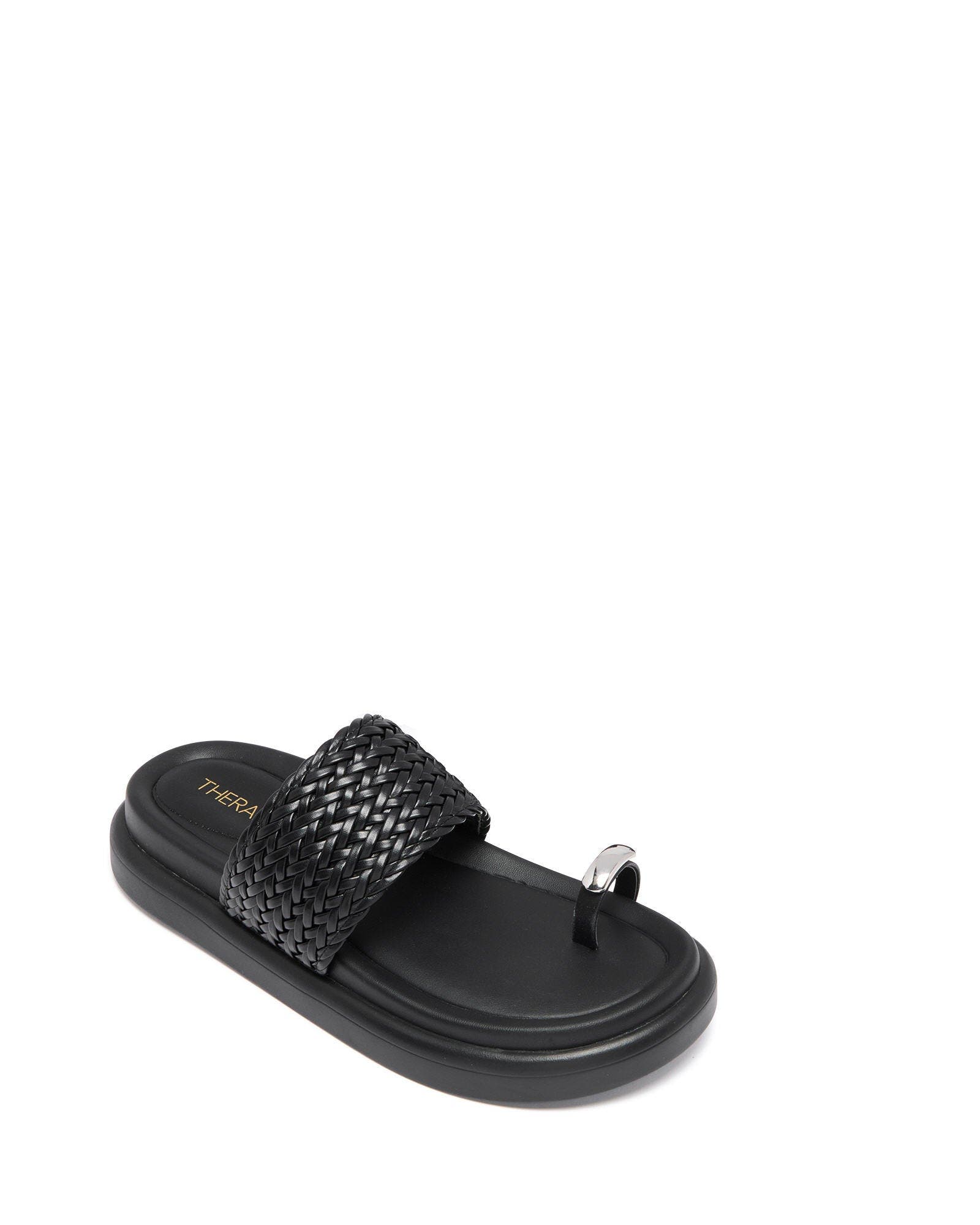 Prevail open round toe sandal, Main, color, Black Woven Pu