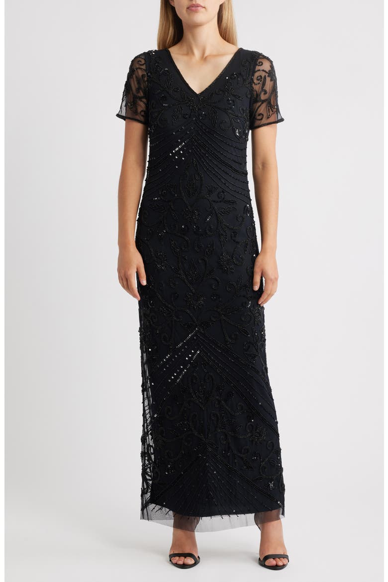 Beaded Mesh Gown, Main, color, BLACK